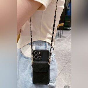 iPhone 14pro Black Quilted Phone Case with Chain Strap